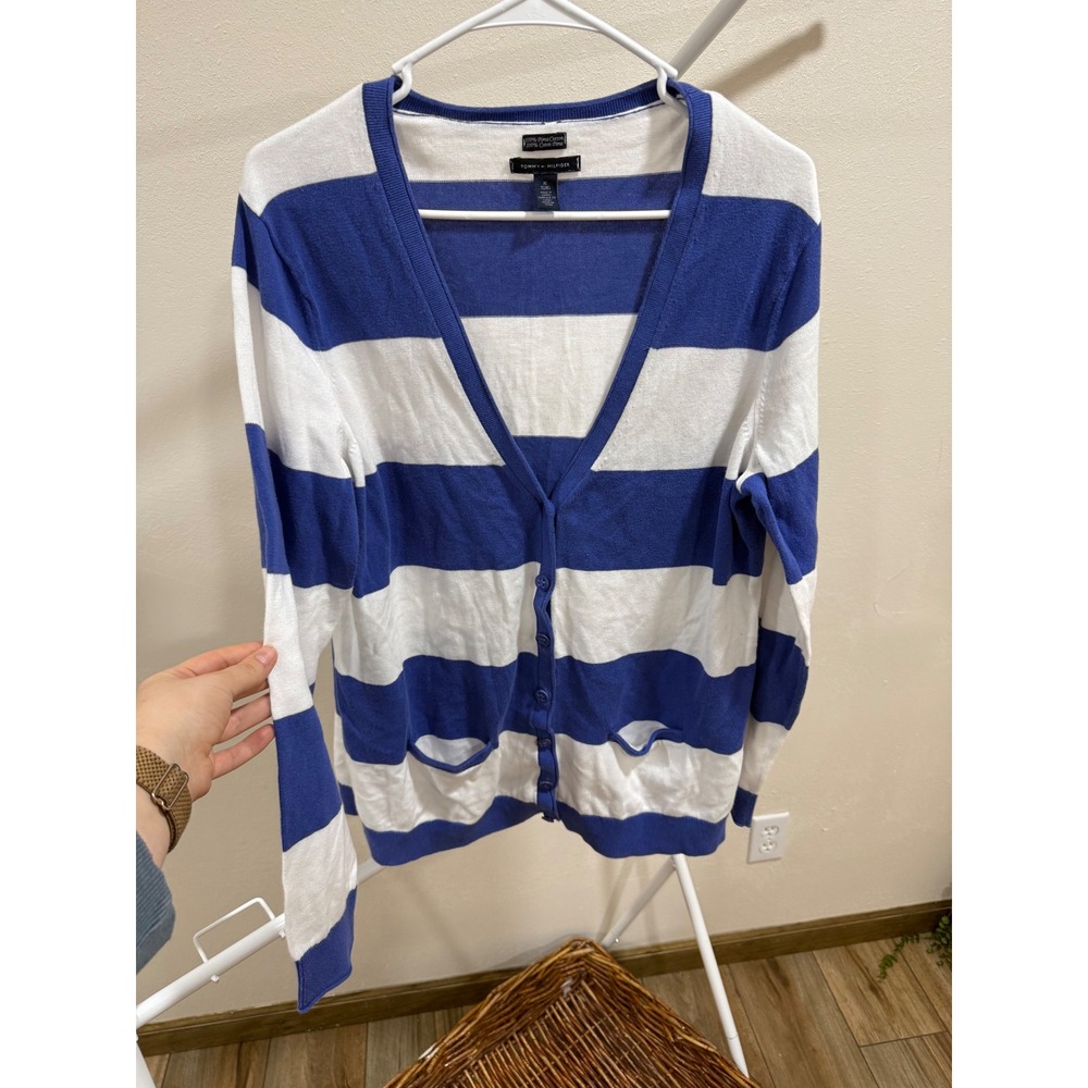 Tommy Hilfiger 100% Pima Cotton Cardigan XL Blue White Striped Preppy Nautical